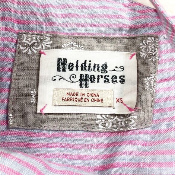 Anthro Holding Horses Linen One Shoulder Pink Gray Stripe Ruffle Tank Top XS - Picture 5 of 7